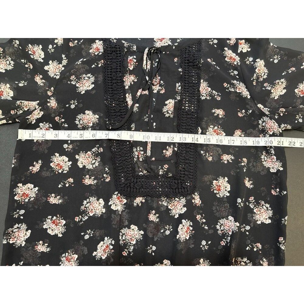 Black Rainn Semi-Sheer Black Floral Drawstring Bell Sleeve Crotched Lace Size L - Picture 9 of 13